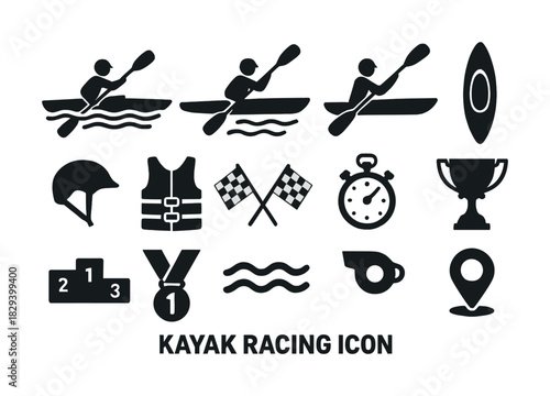 Kayak racing icon set with paddlers, equipment, and symbols
