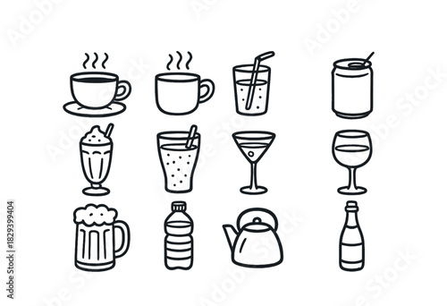 Hand-drawn beverage icons: coffee, juice, milkshake, tea, alcoholic drinks, water