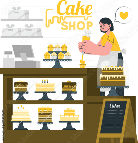 A delightful scene inside a charming cake shop, showcasing a baker decorating a cupcake while an array of delicious cakes are displayed on shelves