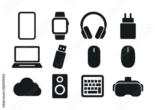Collection of black technology icons: smartphone, headphones, laptop, usb, and more