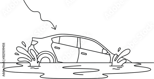 Car partially submerged in floodwater, with splashes, representing vehicle damage from heavy rain, isolated on white background