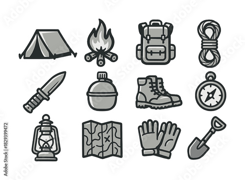Camping essentials: tent, backpack, fire, compass, knife, boots, map, lantern, rope, shovel
