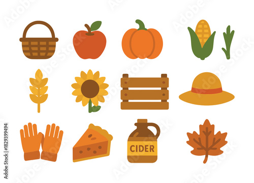 Autumn harvest icons: basket, apple, pumpkin, corn, sunflower, cider, pie, leaf