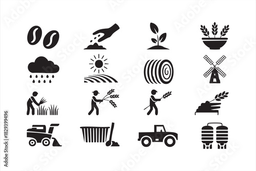Rural agriculture icons for planting, rainfall, sun fields, hay, and grain workers