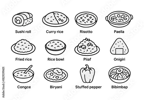 Assorted world cuisine icons: sushi, paella, biryani, and more