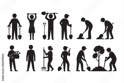 Silhouette gardening workers digging, planting, and handling tools for outdoor tasks