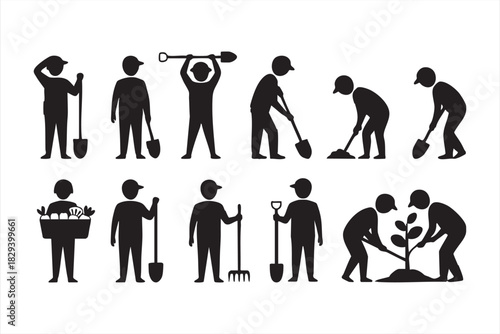 Garden labor icons for digging, soil prep, planting trees, and tool operation
