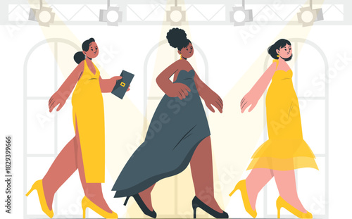 Three stylish women in elegant dresses strutting down a brightly lit runway show