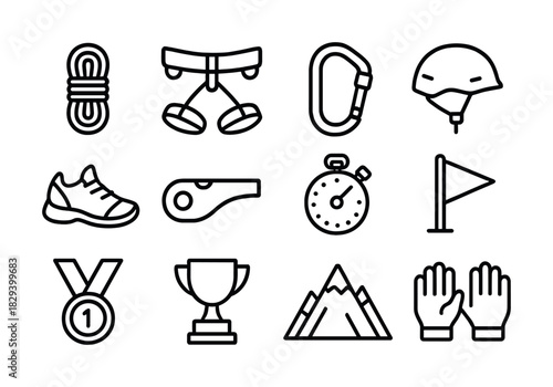 Simple black and white icons of climbing and sports equipment with helmet and stopwatch