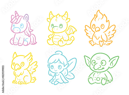 Colorful outline illustrations of mythical creatures: unicorn, dragon, phoenix, griffin, fairy, goblin