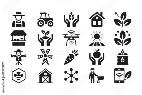 Agriculture technology solid icons for smart fields, tractors, drones, and produce care