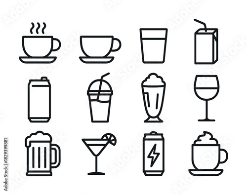 Assorted drink icons: coffee, juice, milkshake, beer, cocktail, energy