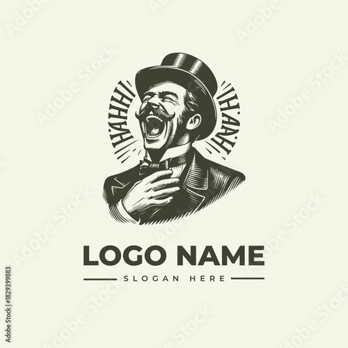 Vintage Laughing Gentleman Vector Logo Illustration Classic Engraving of a Jovial Man in a Top Hat Expressing Joy and Humor