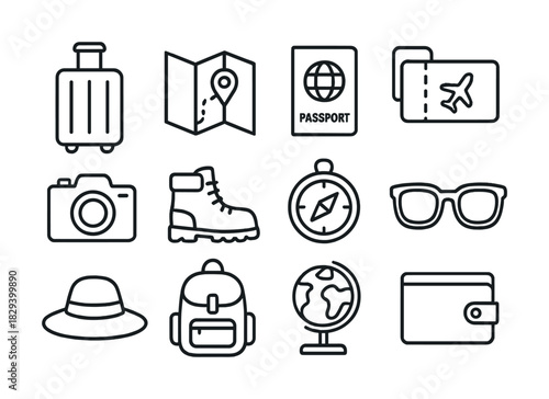 Travel essentials icons: passport, luggage, camera, map, globe, compass, backpack