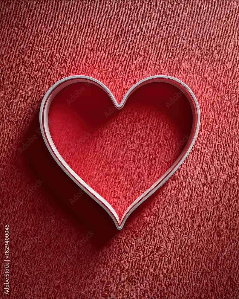 Obraz premium Thin white heart outline centered on matte red background with ample negative space