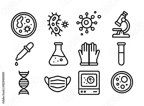 Science icons: microscope, bacteria, dna, lab equipment, test tubes, chemistry tools
