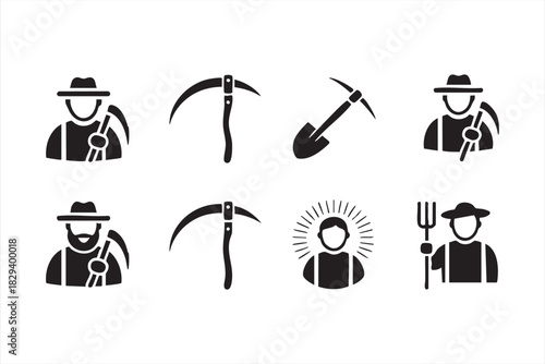 Solid farmer and tool icons for digging, cultivation, and land preparation
