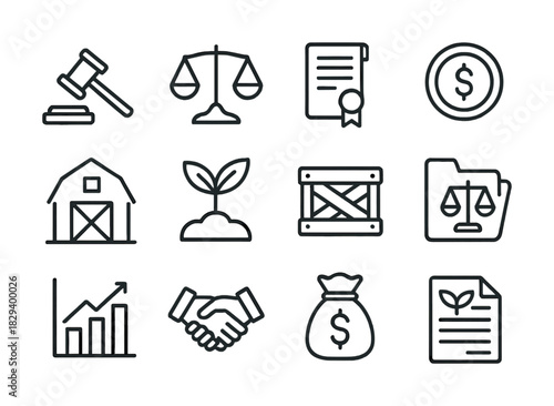 Business and legal icons set including scale, gavel, money, and growth symbols