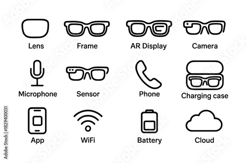 Smart glasses components: ar display, camera, microphone, sensor, connectivity
