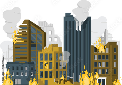 Post-Disaster Cityscape Fire and Destruction in Urban Ruins