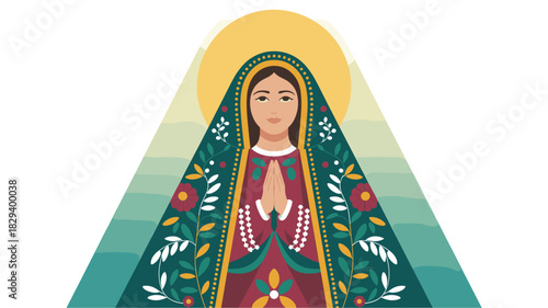 Digital Illustration of Our Lady of Guadalupe with Floral Mantle and Halo, Religious Art, Marian Devotion, Catholic Faith, Spiritual Imagery