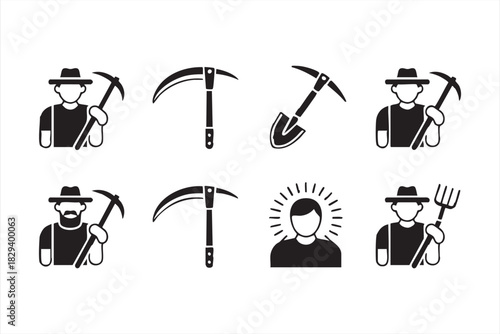 Agriculture labor icon set for workers, pickaxe tools, and manual field tasks