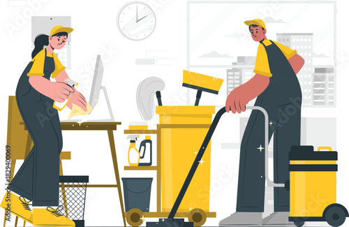 Professional Cleaning Service Team Maintaining Hygiene in Modern Office Environment with Essential Equipment and Supplies, Ensuring a Tidy and Productive Workspace