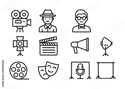 Film and theater icons set: camera, director, actor, clapboard, megaphone, spotlight, microphone