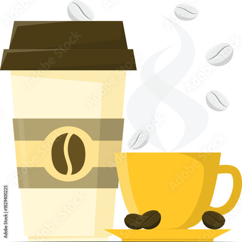Hot coffee in a disposable cup and a ceramic mug with coffee beans and steam, perfect for morning beverages