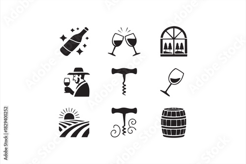 Vineyard harvest icons for wine glasses, grape clusters, barrels, and cork tools