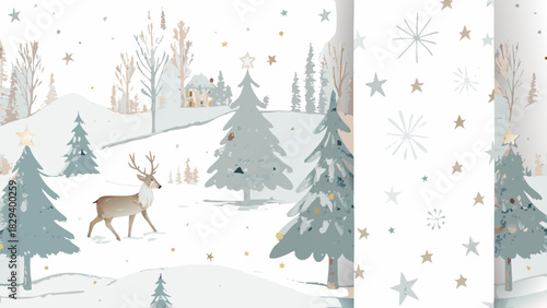 Enchanting winter wonderland scene with deer and Christmas trees for holiday cards and seasonal designs
