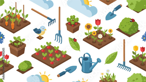 Seamless Isometric Garden Pattern Background with Vegetables and Flowers