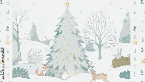 Enchanting winter wonderland with woodland creatures around a festive tree evokes holiday magic and seasonal cheer