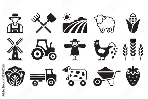 Rural agriculture symbols for harvest goods, corn, wheat, animals, and farm tools