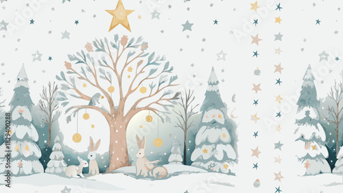 Enchanting winter scene with rabbits, stars, trees, and a golden star, evoking magic and holiday spirit perfect