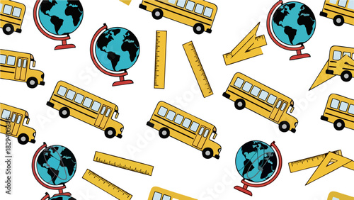Back to School Seamless Pattern with School Bus Globe Ruler and Protractor on White Background