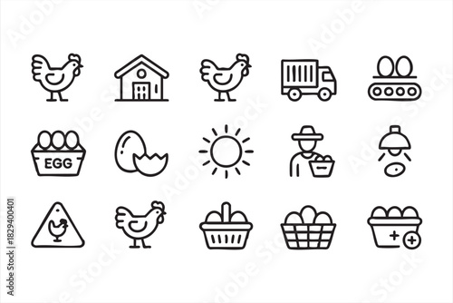 Chicken and egg workflow icons for hatchery operations, baskets, and sunlit coops
