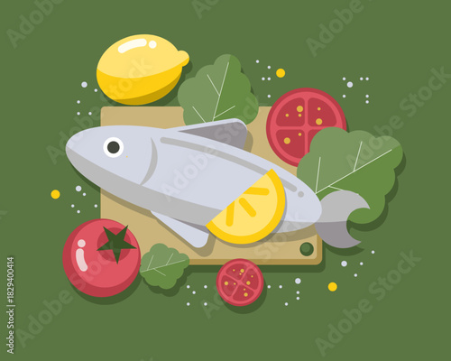A colorful illustration of fresh fish on a cutting board with lemon slices, tomatoes, and leafy greens, creating a vibrant and healthy cooking preparation scene.