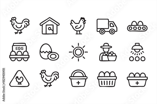 Line icons for poultry farming, egg collection, washing units, and crate delivery
