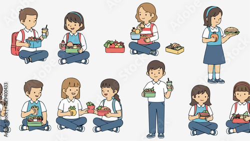 School Kids Eating Lunch Together Illustration for Education and Healthy Eating Concepts