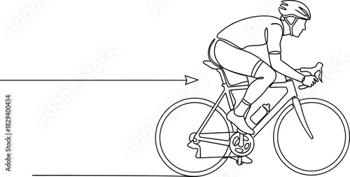 Line drawing of a male cyclist riding a road bicycle, depicting speed and aerodynamic posture, isolated on white background