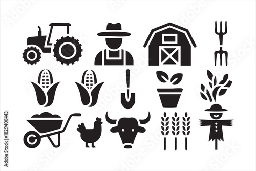 Farm agriculture icons for tractors, barns, crops, livestock, and harvest tools
