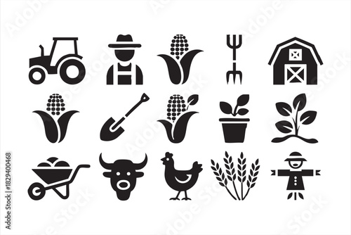 Solid farming icon set for corn, tractors, seedling growth, and rural production
