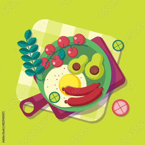 A colorful breakfast illustration showing eggs, sausages, avocado, tomatoes, and greens arranged playfully on a plate over a checkered cloth with bright, cheerful styling.