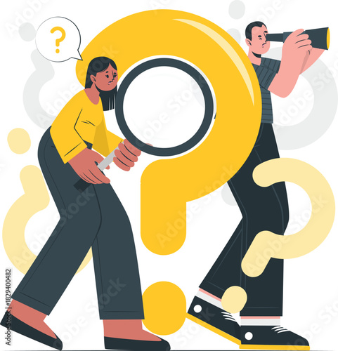 Curious people with a magnifying glass and telescope exploring a large question mark, symbolizing teamwork in problem-solving and research