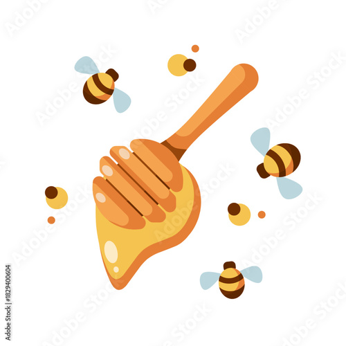 A cute illustration of a honey dipper dripping golden honey, surrounded by buzzing bees and small honey droplets on a clean white background.
