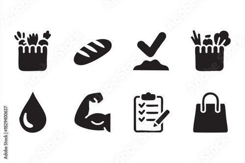 Grocery and nutrition symbols for vegetables, bread, lists, and healthy lifestyle