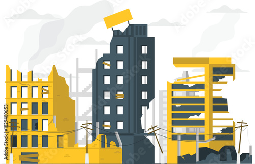 Illustration of a city skyline with damaged and destroyed buildings after a disaster