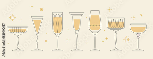 Set of line art retro cocktails or champaghe glasses. Vector illustration
