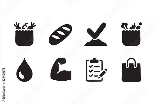 Clean food icon set for cooking ingredients, grocery bags, hydration, and strength